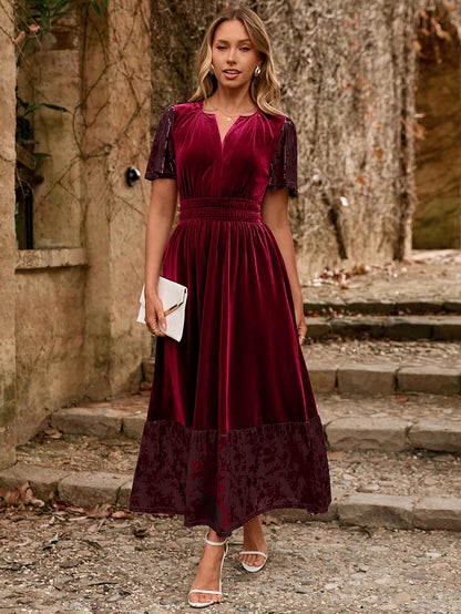 Simplee Women's Formal Velvet Maxi Dress Fall Winter V Neck Floral Short Sleeve Empire Waist Wedding Guest Dresses.