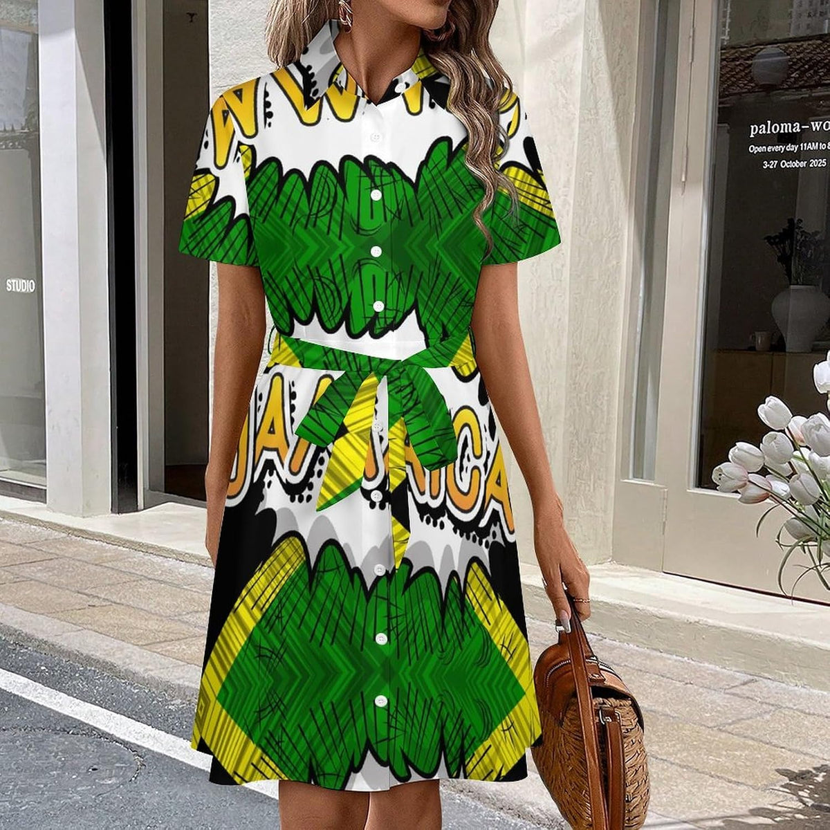 Dresses for Women Jamaican Flag Classic Lace-up Shirt Dress