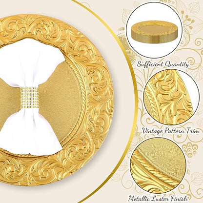Uiifan Antique Charger Plates Bulk 13'' Plastic Embossed Dinner Plate Chargers Round Floral Plates for Wedding Decorative Chargers for Table Dinner Kitchen Party Decoration(Gold, 24 Pcs)