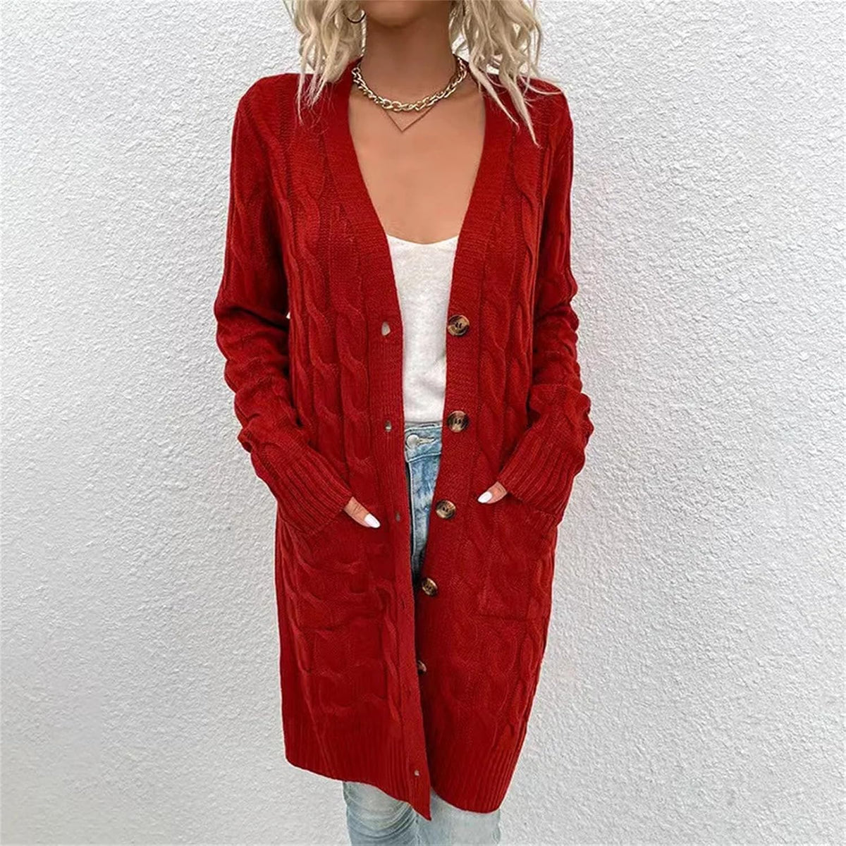 Women's Twists Knitted Loose Sweater Overcoat with Pocket Fashion Front Button