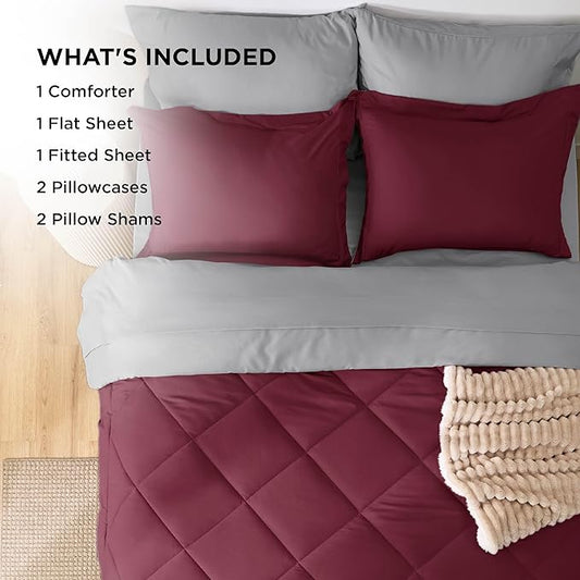 Bedsure Queen Comforter Set - 7 Pieces Reversible Burgundy Bedding, Queen Size Bed Set for All Seasons, Bed in a Bag with Down Alternative Comforter, Sheets, Pillowcases  Shams