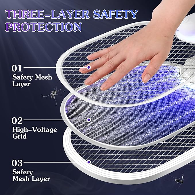 Qualirey Pack of 2 3 in 1 electric fly swatters, foldable, 3000 V, hand mosquito killer with USB rechargeable base, fly swatter and mosquito trap, indoor pendant lamp and