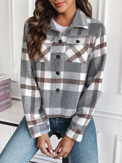 Zeagoo Flannels for Women Cropped Shacket Jacket Fashion Plaid Button Down Shirt