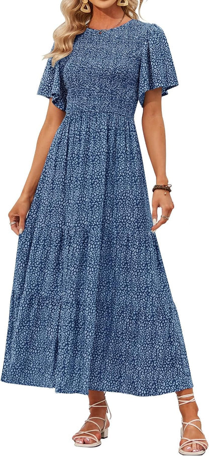 ZESICA Women's Summer Boho Floral Smocked Short Sleeve Maxi Dress | Tiered, Flowy, Elastic Waist, 2026 Casual Wedding Guest Date Holiday Beach Vacation Long Dresses