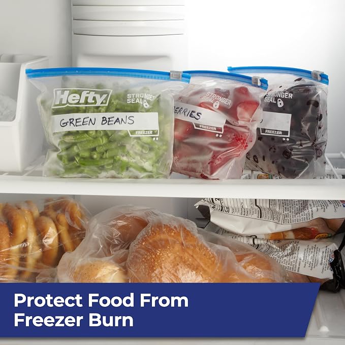 Hefty Slider Quart Freezer Bags, 74 Count, Quart Slider Bags for Freezer, Holds Individual Leftovers, Sliced Fruits and Veggies, and More, Writable Label, Secure Zip and Click Closure