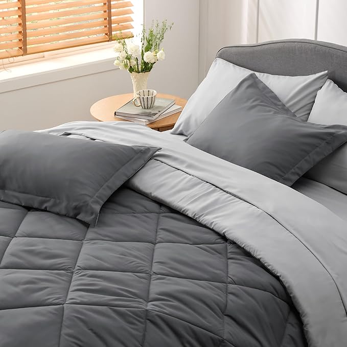 Bedsure Queen Comforter Set - 7 Pieces Reversible Dark Grey Bedding, Queen Size Bed Set for All Seasons, Bed in a Bag with Down Alternative Comforter, Sheets, Pillowcases  Shams