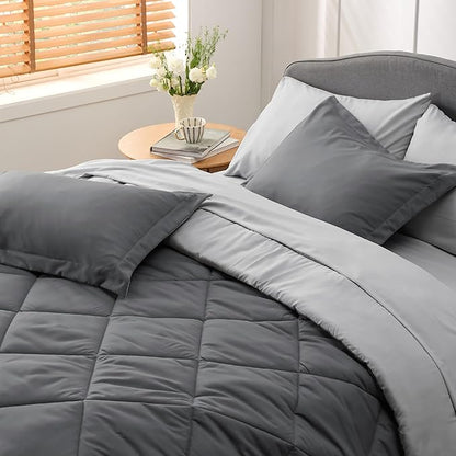 Bedsure Queen Comforter Set - 7 Pieces Reversible Dark Grey Bedding, Queen Size Bed Set for All Seasons, Bed in a Bag with Down Alternative Comforter, Sheets, Pillowcases  Shams