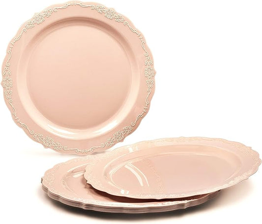 " OCCASIONS " 50 Plates Pack (25 Guests)-Vintage Wedding Party Disposable Plastic Plate Set -25 x 10'' Dinner + 25 x 7.5'' Salad/Dessert plates (Verona Blush Pink/Antique Rose)