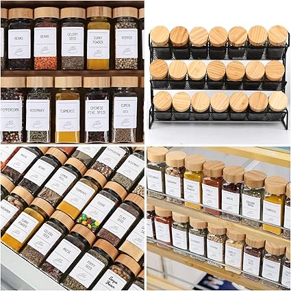 36 Pack 4 oz Glass Spice Jars with Bamboo Lids, Empty Square Spice Containers with 319 BlankPrinted Spice Labels, Collapsible Funnel for Kitchen Cabinet, Spice Rack