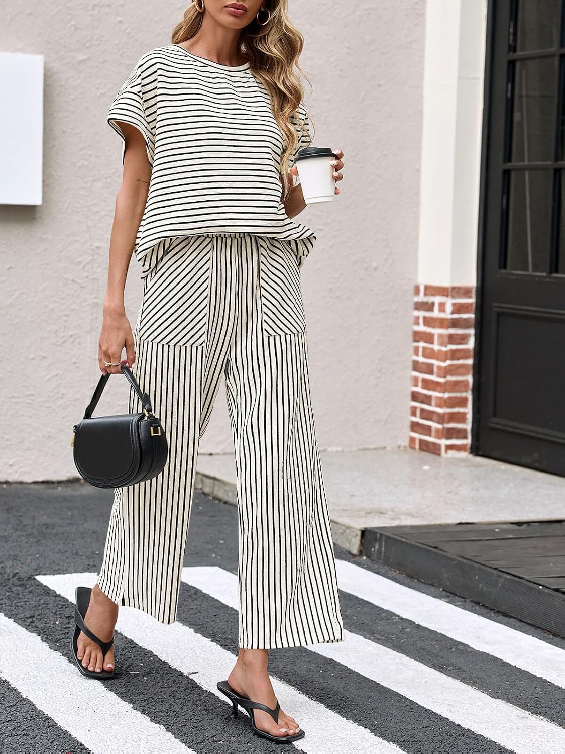 Tankaneo Women's Striped 2-Piece Lounge Set, Short Sleeve Top & Wide Leg Pants