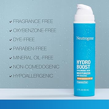 Neutrogena Hydro Boost Hyaluronic Acid Face Moisturizer with Sunscreen, Broad Spectrum SPF 50, Fragrance Free Facial Moisturizer to Hydrate  Soothe Dry Skin, 1.7 fl. oz