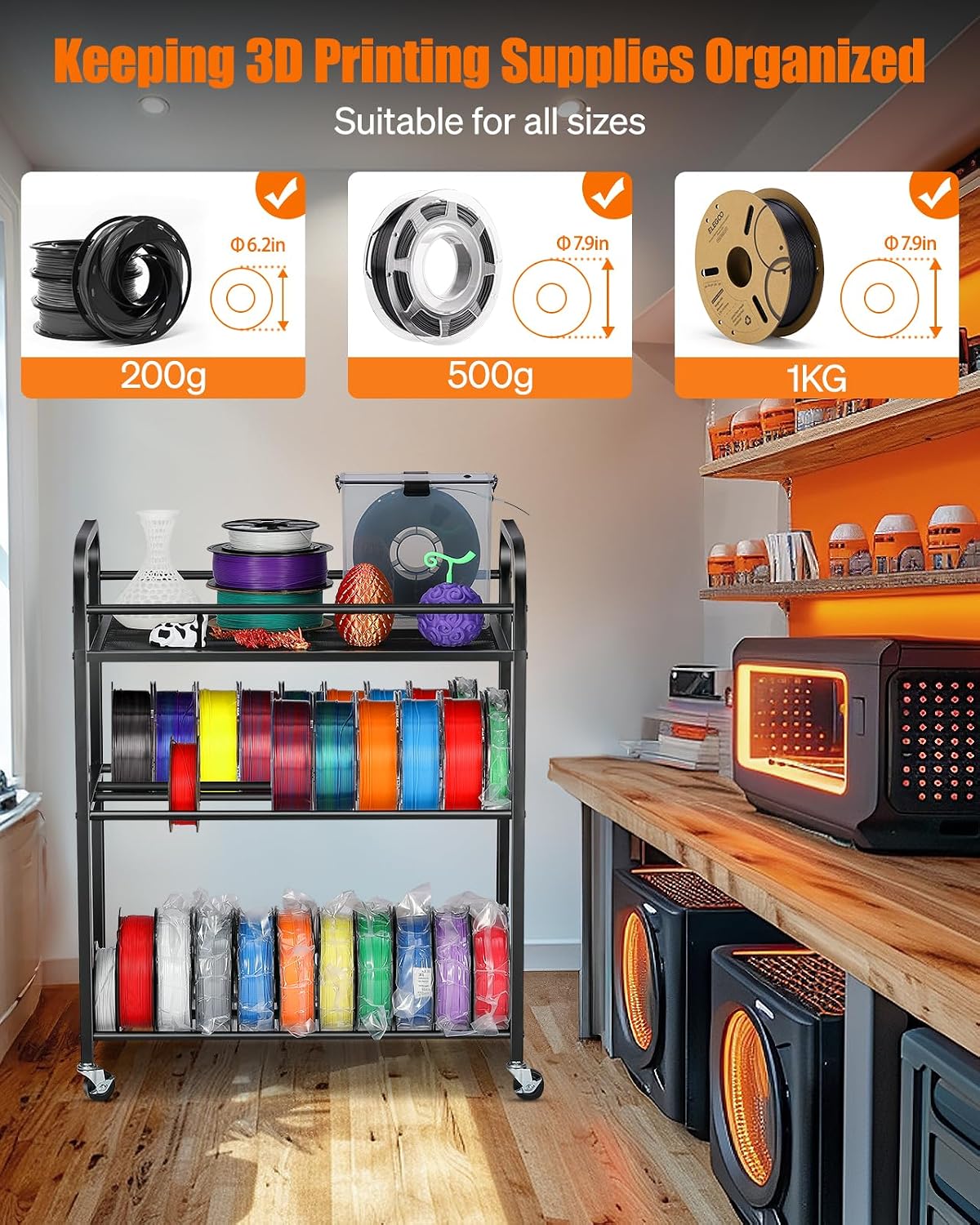 3D Printer Filament Storage Rack- Rolling Filament Spool Holders Racks with Wheels, Heavy Duty Metal Shelf for PLA/ABS/TPU/Nylon, Filaments Organzied for 3D Printing Studio, Office Workshop (Black)