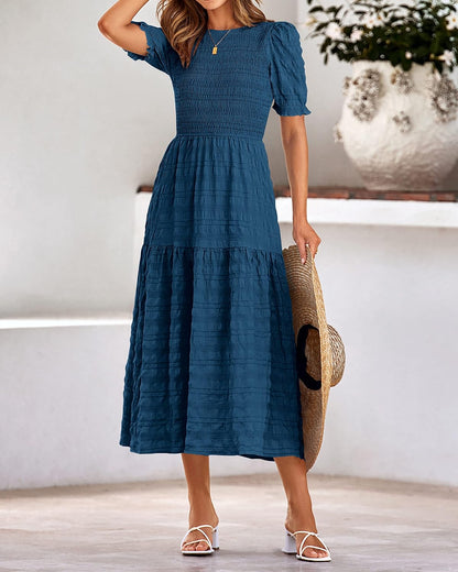 dowerme Womens Summer Dresses 2025 Casual Puff Short Sleeve Crewneck Smocked Flowy Ruffle Boho Beach Party Maxi Sundress