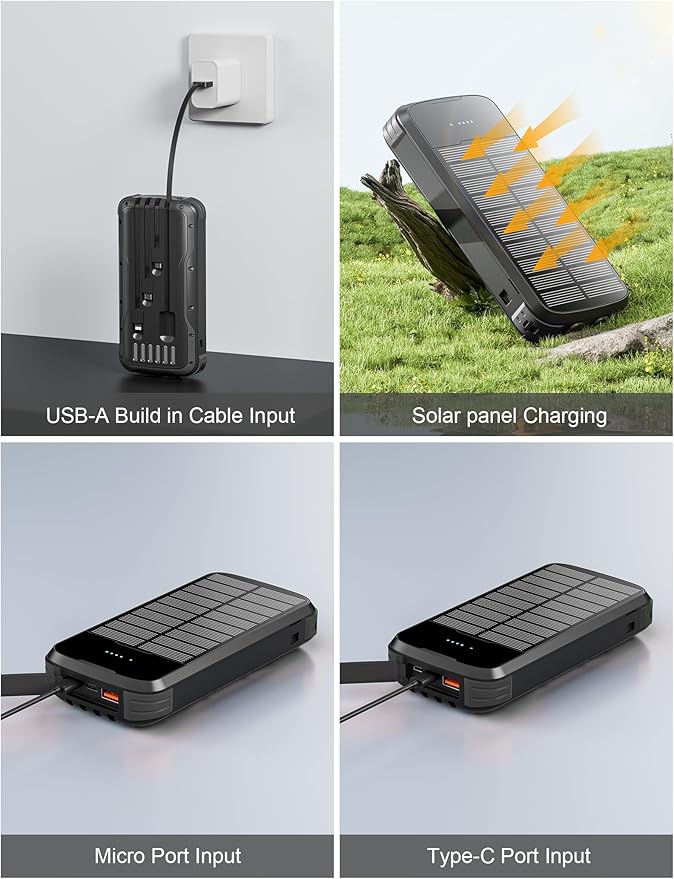 Solar-Power-Bank-Charger, 40000mAh Portable Phone Charger Built in 4 Cables with USB C inOutput, PD 20W Fast Charging External Batter, External Battery Pack with Dual Bright Flashlights
