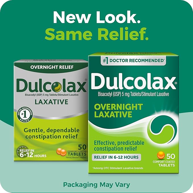 Dulcolax Stimulant Laxative Tablets, Predictable & Effective Constipation Relief, Relieves Straining & Bloating, Bisacodyl 5 mg, 50 Count