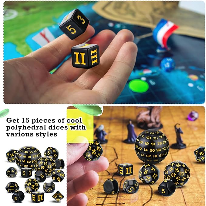 Civaner 15 Pcs Complete Polyhedral Dice Set D3-D100 Spherical RPG Dice Set in Opaque Black, 100 Sides for Role Playing Table Games Party Supplies(Black and Yellow)