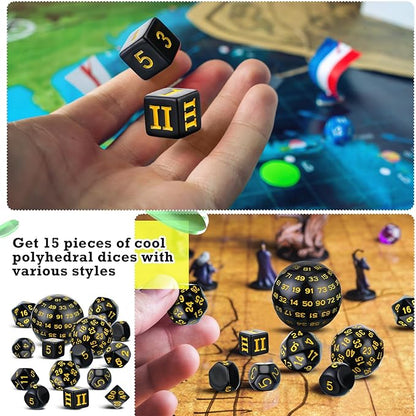 Civaner 15 Pcs Complete Polyhedral Dice Set D3-D100 Spherical RPG Dice Set in Opaque Black, 100 Sides for Role Playing Table Games Party Supplies(Black and Yellow)