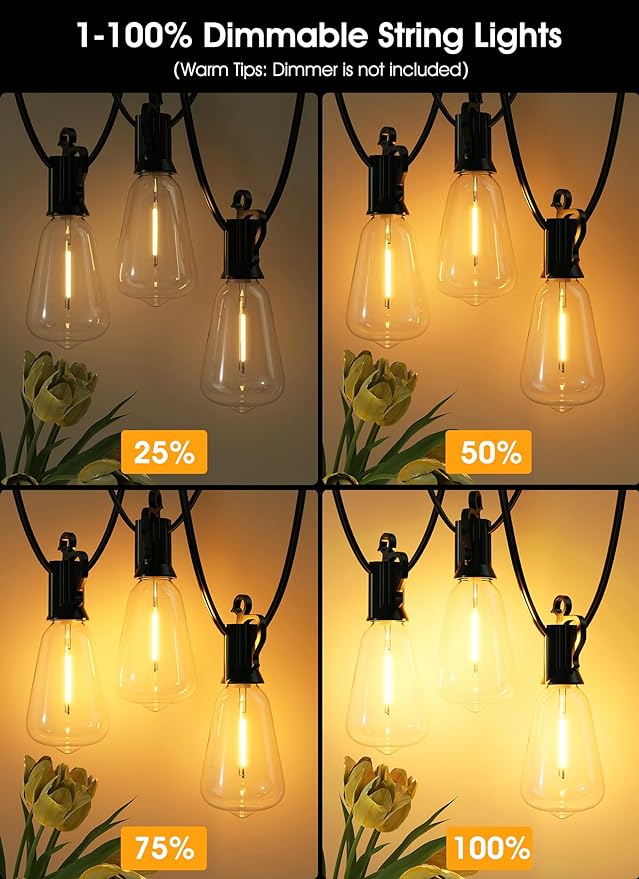 Brightown 100-foot outdoor LED light garland with 52 adjustable vintage Edison shatterproof ST38 bulbs, waterproof outdoor pendant lights for backyard, terrace, garden,