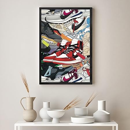 WOOTONG Sneaker poster Hypebeast, Sneaker Wall Art Decoration,AJ Shoe Poster Art Sports themed Wall Art Boy Room, Sneaker Air Sneaker Shoebox Collection (Black Frame, 12" x 16")