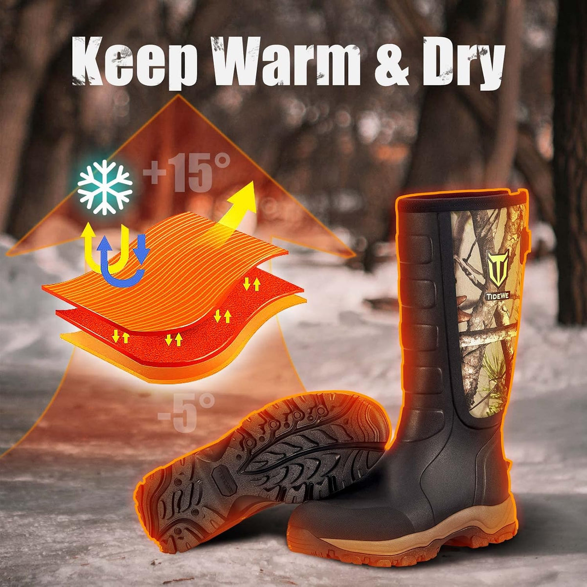 Durable TIDEWE hunting boots with neoprene uppers, anti-snake bite material, and deep tread for outdoor adventures.