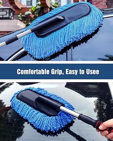 Car Duster, Extendable Long Handle Microfiber Car Duster Exterior Scratch Free Car Cleaning Tool, Car Dust Brush for Truck, SUV, RV, Motorcycle and Home Cleaning (Blue)