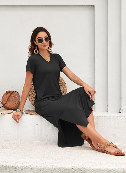 MISFAY Women Summer Maxi Dresses 2026 Casual Short Sleeve Long T Shirt Dress Split Beach Sundress Travel Vacation with Pocket.