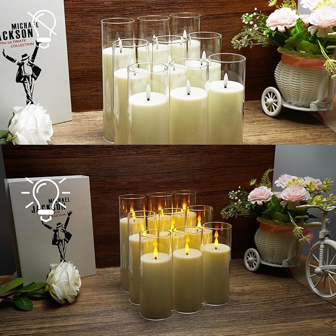 Flickering Flameless Candles Battery Operated with Remote and 2468 H Timer Plexiglass Led Pillar Candles Pack of 9 (D2.2"xH 5"6"7")with Realistic Moving Wick Candles for Home Decor(Ivory)