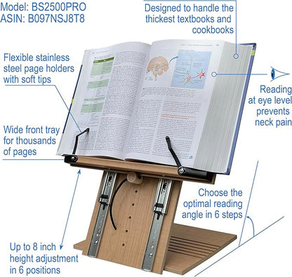 BS2500PRO XL Super Heavy Duty 15.4x10.5 Portable Height Adjustable Foldable Eye Level Bookstand Holder for Reading Hands Free Large Thick Heavy College Textbooks Tablets Neck Pain Free