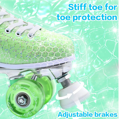 Roller Skates for Women Girls and Kids, Light Up Wheels - Quad Outdoor PU Leather High-Top Design Derby Rollerskates for Beginners Youth Sizes 2 3 4 5 6 7 8 9 10 11