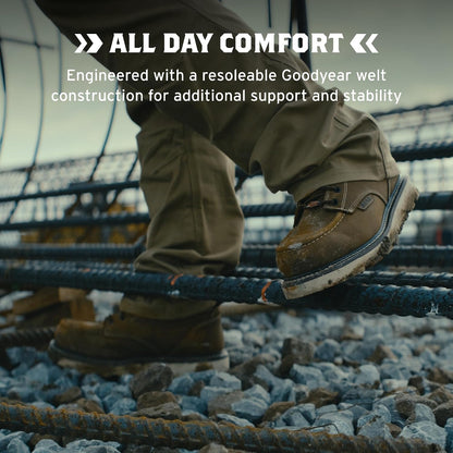 Welted (Soft Toe) - 6" Waterproof Moc Toe Wedge Work Boot - Goodyear Welt Construction - EH & ESR Rated - Oil & Slip Resistant - Adjustable Width System