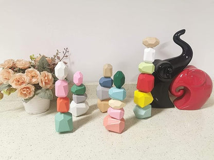 Wooden Stacking Toys Stone Stacking Game Colored Wooden Stones Rock Blocks Wooden Balancing Blocks Educational Stacking Building Toys for Kids Ages 3-5 (14PCS)