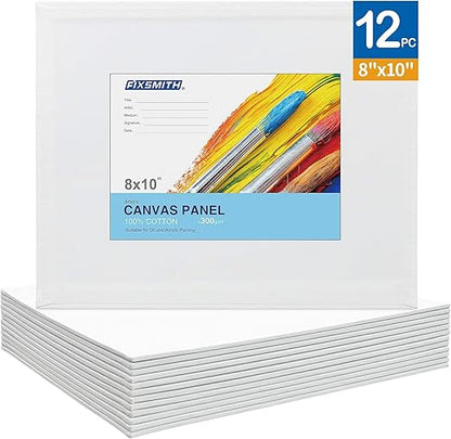 FIXSMITH Canvas Boards for Painting 8x10 Inch, Super Value 12 Pack White Blank Canvas Panels, 100% Cotton Primed, Painting Art Supplies for Professionals, Hobby Painters, Students & Kids