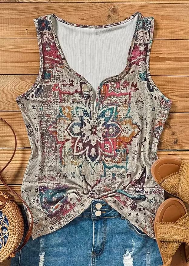 Womens Mandala Vintage Graphic Racerback Tank Tops Summer Casual Loose O-Neck Tanks Vest Vacation Classic-Fit Shirt Cami