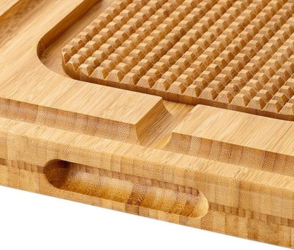 eletecpro Turkey Cutting Board with Grid Grip, Large 17x13x1.5 Inch Bamboo Steak Carving Board, Thick Butcher Block Reversible with Deep Juice Drip Grooves, Thick Serving Tray,Natural