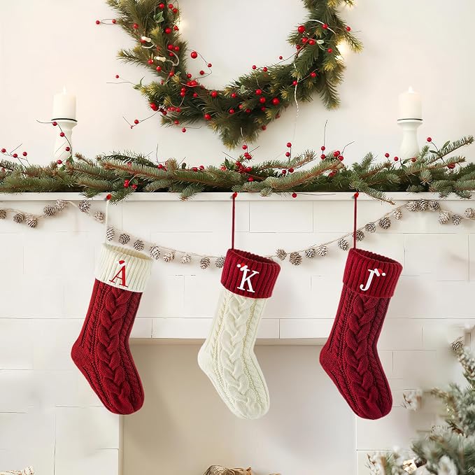 Personalized Christmas Stockings with Initials, 18 Inches Xmas Embroidered Monogrammed Cable Knitted Stocking for Family, Holiday Hanging Decoration Gifts for Fireplace(Red and White L)