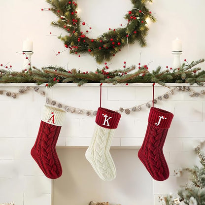 Personalized Christmas Stockings with Initials, 18 Inches Xmas Embroidered Monogrammed Cable Knitted Stocking for Family, Holiday Hanging Decoration Gifts for Fireplace(Red and White L)