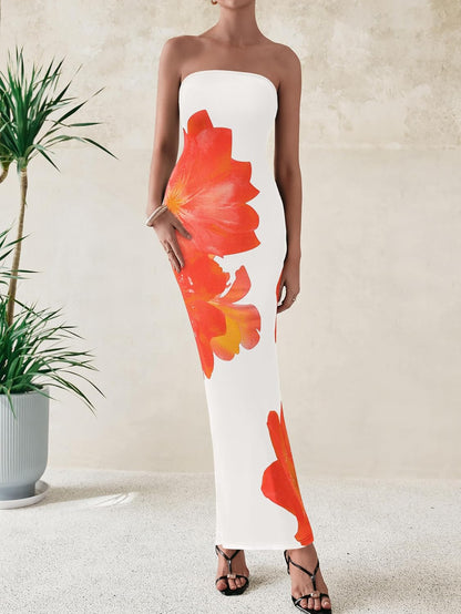 PRETTYGARDEN Women Summer Strapless Maxi Dress Bodycon Floral Sexy Long Wedding Guest Dress Formal Tube Mesh Cocktail Dresses.
