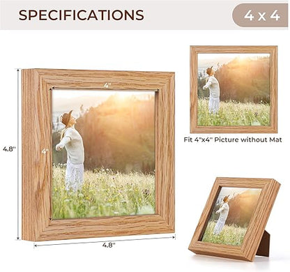 4x4 Picture Frame, Solid White Oak Wood Frame 4 by 4, 4 x 4 Square Photo Frame with Tempered Real Glass, Rustic Wooden Frame 4"x4" for Wall & Tabletop Display, Natural Color, Set of 2