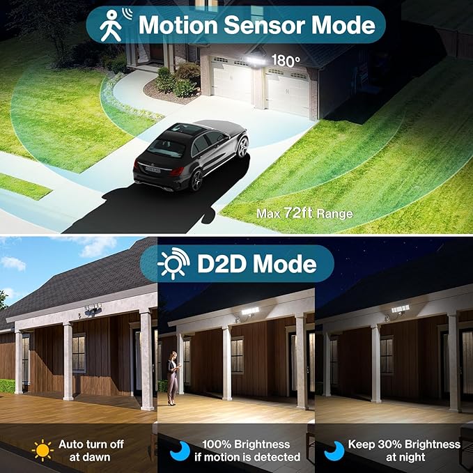 Olafus 130W Motion Sensor Outdoor Light Plug in, Motion Flood Light Dusk to Dawn, 13000LM IP65 Waterproof Exterior LED Security Lights, 5 Heads Motion Detector Floodlights for Garage Yard, Black