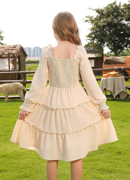 Girls Long Sleeve Dress Ruched Smocked Tiered Ruffle A-Line Casual Boho Teen Dresses with Pocket Size 6-16 Years