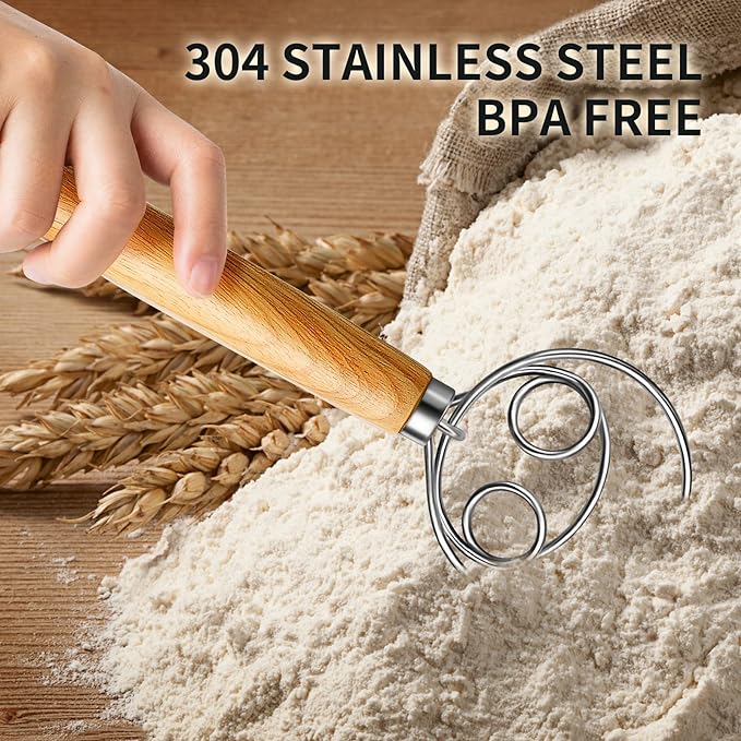 Danish Dough Whisk Stainless Steel Dough Hook Dutch Whisk for Sourdough Bread Dough Mixer Hand Wooden Handle Kitchen Whisking Mixing Tool Bread Making Tools and Supplies