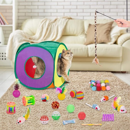 Retro Shaw 33 Pack Cat Toys, Interactive Indoor Cat Toys, Kitten with Folding Play Tunnel, Tent, Feather Wand, Teaser, Bell, Ball Springs