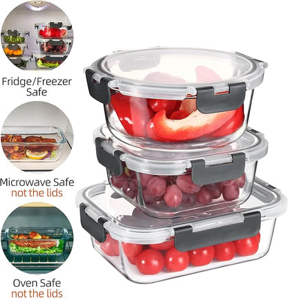 Glass Meal Prep Containers Set of 12 Food Storage Containers for Lunches, Dishwasher Safe, Grey