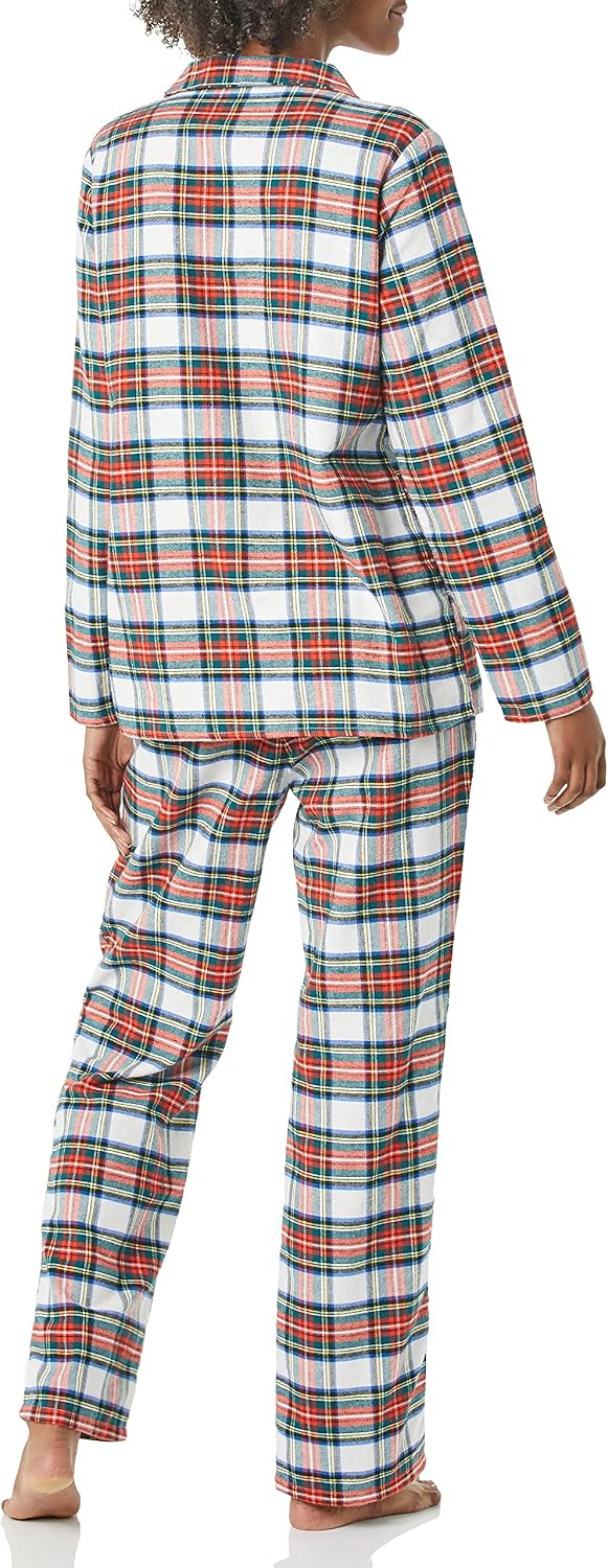 Essentials Women's Flannel Long-Sleeve Button Front Shirt and Pant Pajama Set.