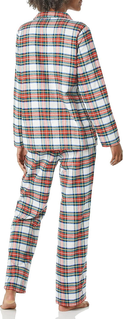 Essentials Women's Flannel Long-Sleeve Button Front Shirt and Pant Pajama Set.