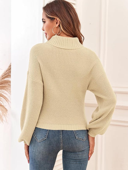 ZAFUL Women's Cropped Turtleneck Sweater Lantern Sleeve Ribbed Knit Pullover Sweater Jumper
