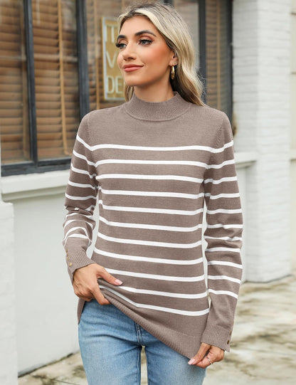 Womens Mock Neck Long Sleeve Knit Sweaters Turtleneck Casual Lightweight Button Cuffs Fall Pullover Sweater