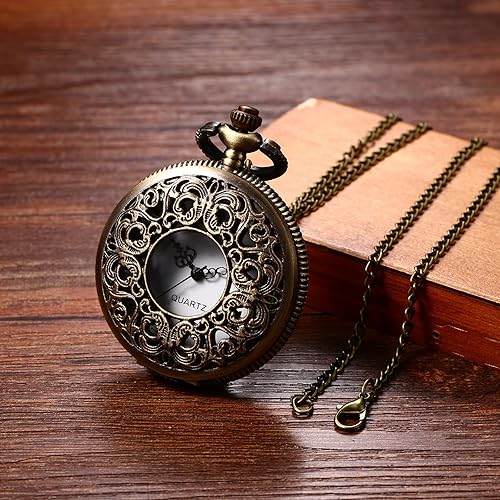 Avaner Women's Quartz Pocket Watches: Half Hunter Bronze Arabic Numeral Pocket Watches with Chain