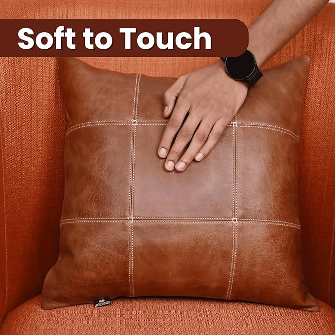 LL LEATHER LOVERS Genuine Lambskin Leather Pillow Cover, 16x16 Inch Case for Lumbar Throw Couch Pillows, Thick  Soft Cushion Covers for Sofa Bed Home Decor (Square Grid Antique Brown Pack of 2)