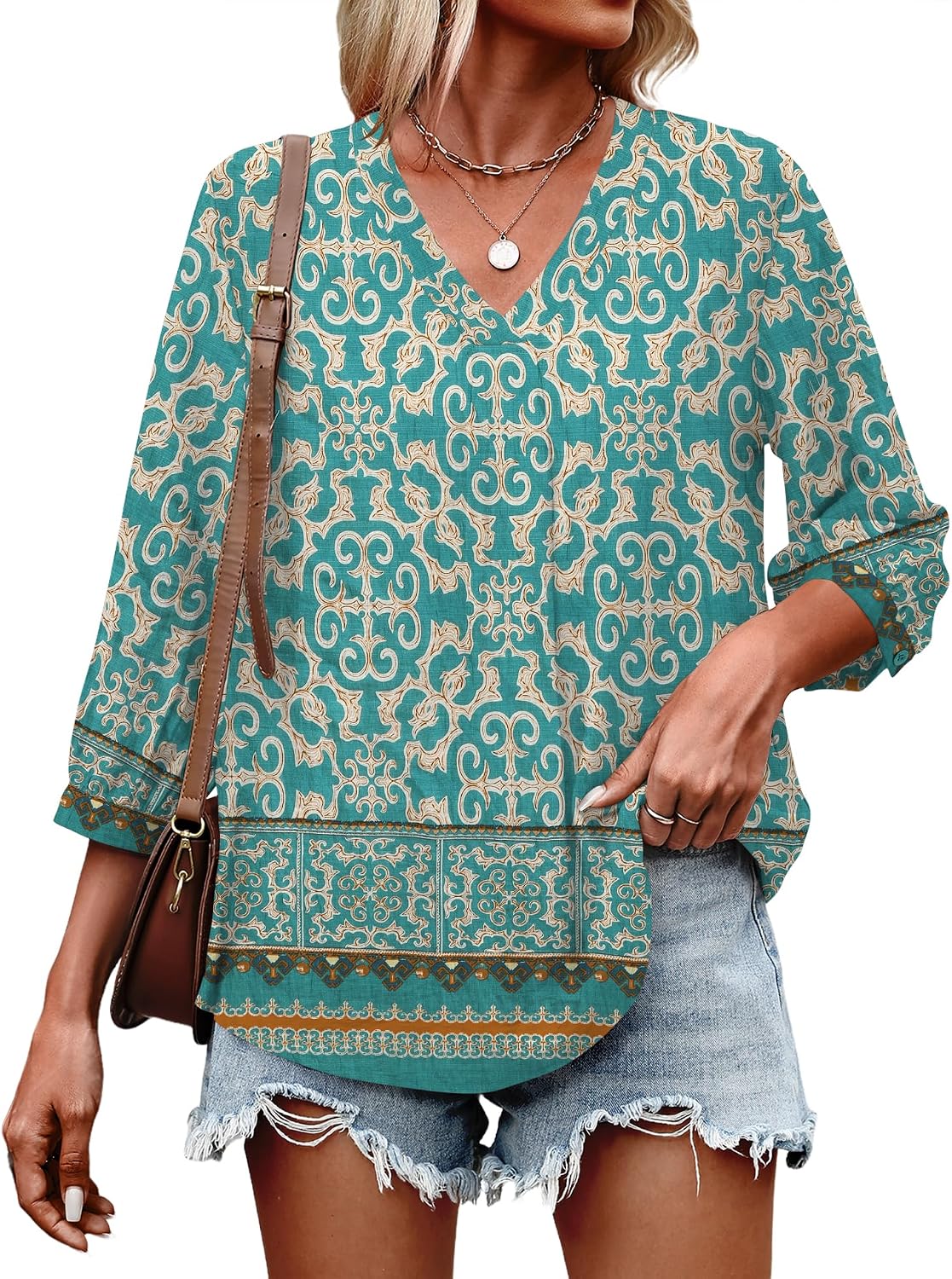 Womens 3/4 Sleeve V Neck Boho Peasant Blouses Dressy Casual Breathable Soft Tunic Tops with Button Cuffs